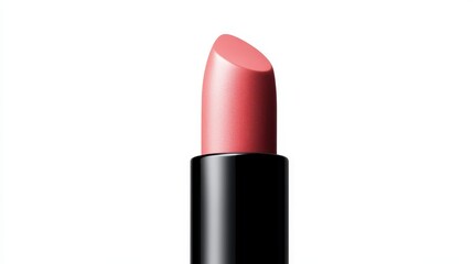 Fototapeta premium Lipstick in soft pink shade displayed against a clean white background featuring a sleek black casing and a smooth, glossy finish
