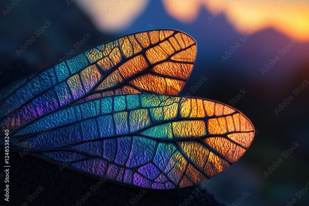 Poster close-up of iridescent dragonfly wings at sunset, showcasing intricate vein patterns and vibrant col