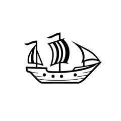 Black and white nautical illustration of a sailing ship, showing a stylized, detailed graphic of a sailboat with sails and masts.