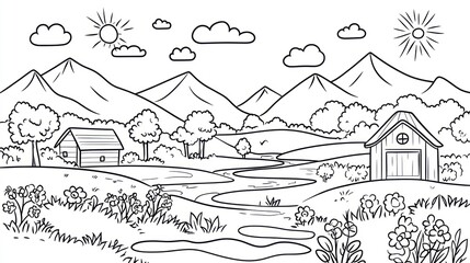 Obraz premium Rural landscape coloring page farm, creek, mountains