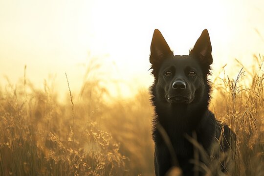 Black dog resting in golden grass field at sunrise with soft morning light illuminating fur - Powered by Adobe