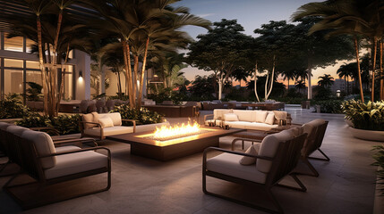 Serene Outdoor Lounge with Fire Pit at Dusk