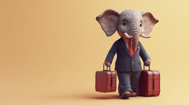 Business elephant travels, carrying luggage; background, plain