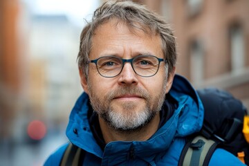 Obraz premium Friendly outdoor enthusiast with glasses poses for a photo on a city street during a cloudy day