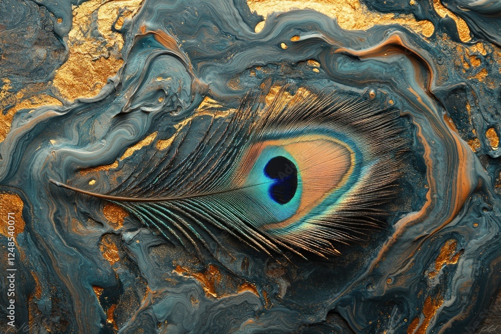 Poster A vibrant peacock feather rests on a mesmerizing abstract background of swirling gold and dark blue paint.