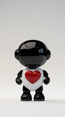 Obraz premium Cute black robot with red heart design stands against a minimalistic background showcasing a blend of technology and affection