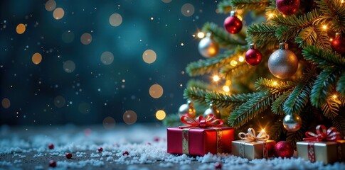 Ornate tree, vibrant ornaments, twinkling lights, gifts, snowflakes , image, ornaments, lights