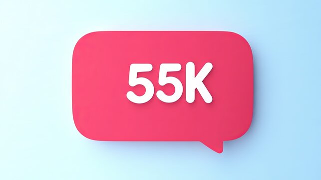 3D Speech Bubble With 55K Text, Social Media Concept Design On Blue Background. 3D render.