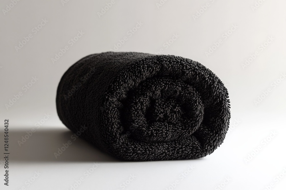 Poster soft black towel rolled neatly on a light background, perfect for relaxation and spa experiences