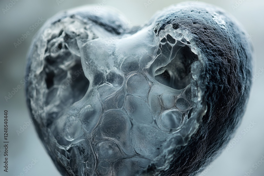 Poster a heart-shaped ice sculpture with intricate, frozen patterns and textures.