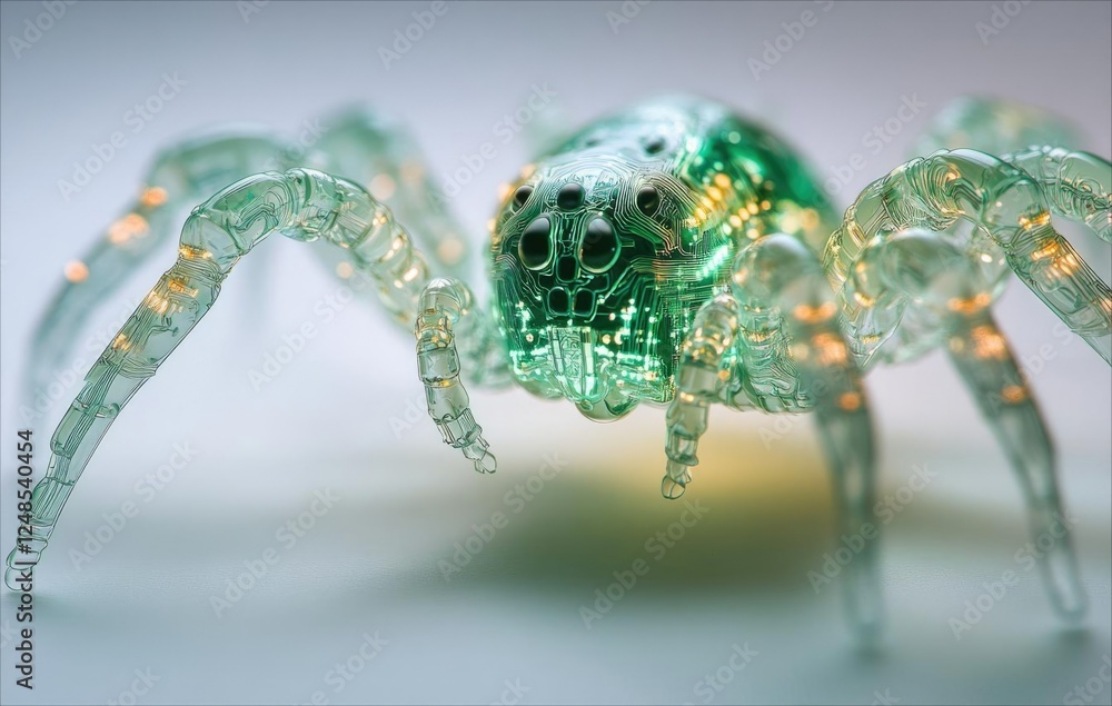 Poster A robotic spider with translucent body showcasing internal circuitry, evoking themes of technology and nature's fusion.