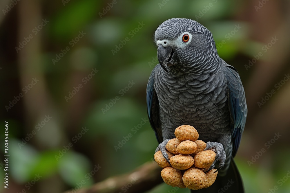 Aufkleber Grey parrot holds a stack of cookies while perched in a tropical forest setting during daylight hours