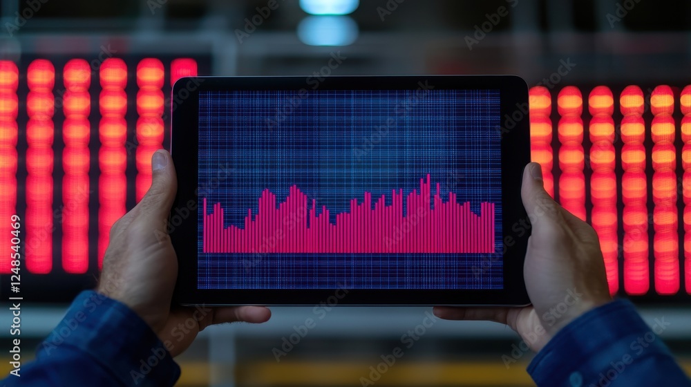 Poster a person analyzing data on a tablet, with vivid graphs against a background of illuminated displays,