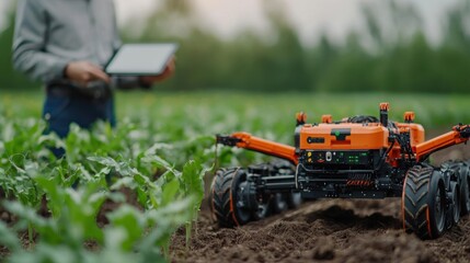 A farmer using a tablet to control an advanced robotic machine in a lush green field, showcasing modern agricultural technology.