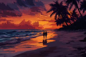 Obraz premium Golden Hour at a Serene Beach, the Sky Painted with Warm Tones as a Couple Walks Hand-in-Hand Along the Shore.