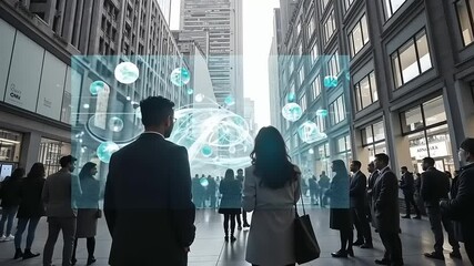 Urban Data Visualization: A futuristic vision of data visualization projected onto a city street, showcasing a diverse crowd observing a complex network of interconnected spheres. - Powered by Adobe