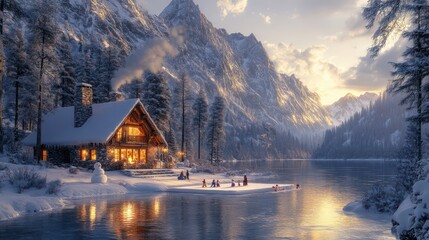 Fototapeta premium Winter Wonderland Cabin by the Lake