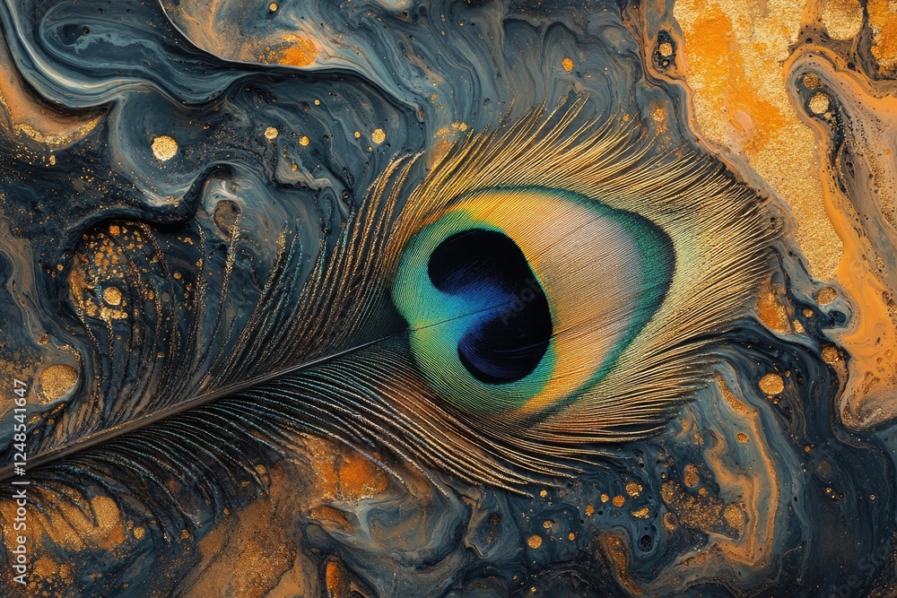 Poster a vibrant peacock feather rests on a mesmerizing abstract background of swirling gold and dark hues.