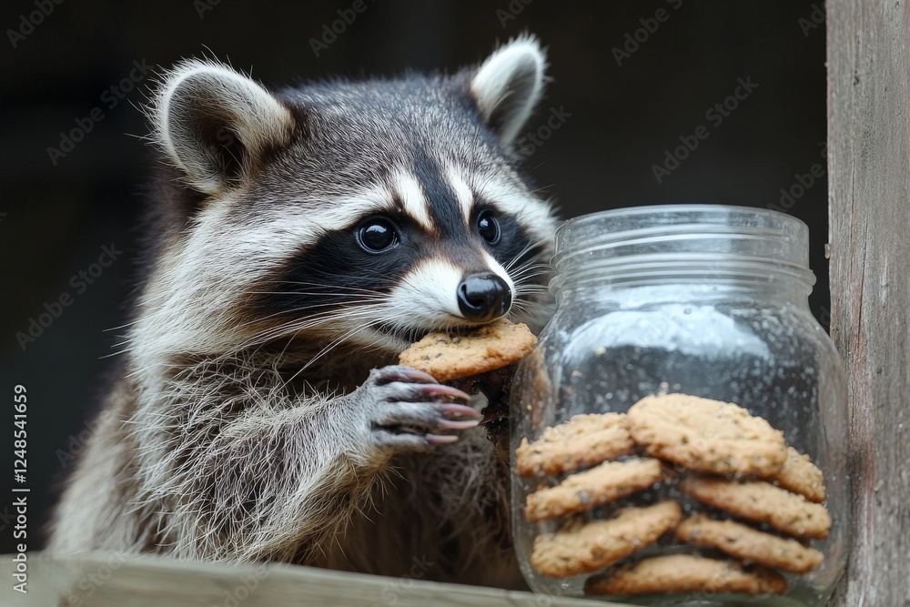 Aufkleber raccoon enjoys a cookie from a jar during daytime in a forested area