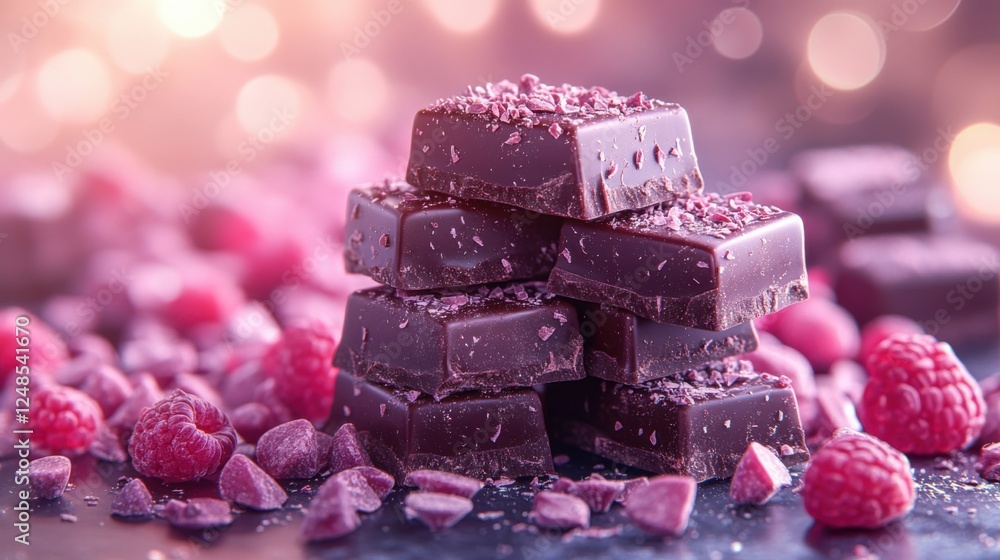 Aufkleber stacked dark chocolate pieces with crushed raspberry and vibrant bokeh background