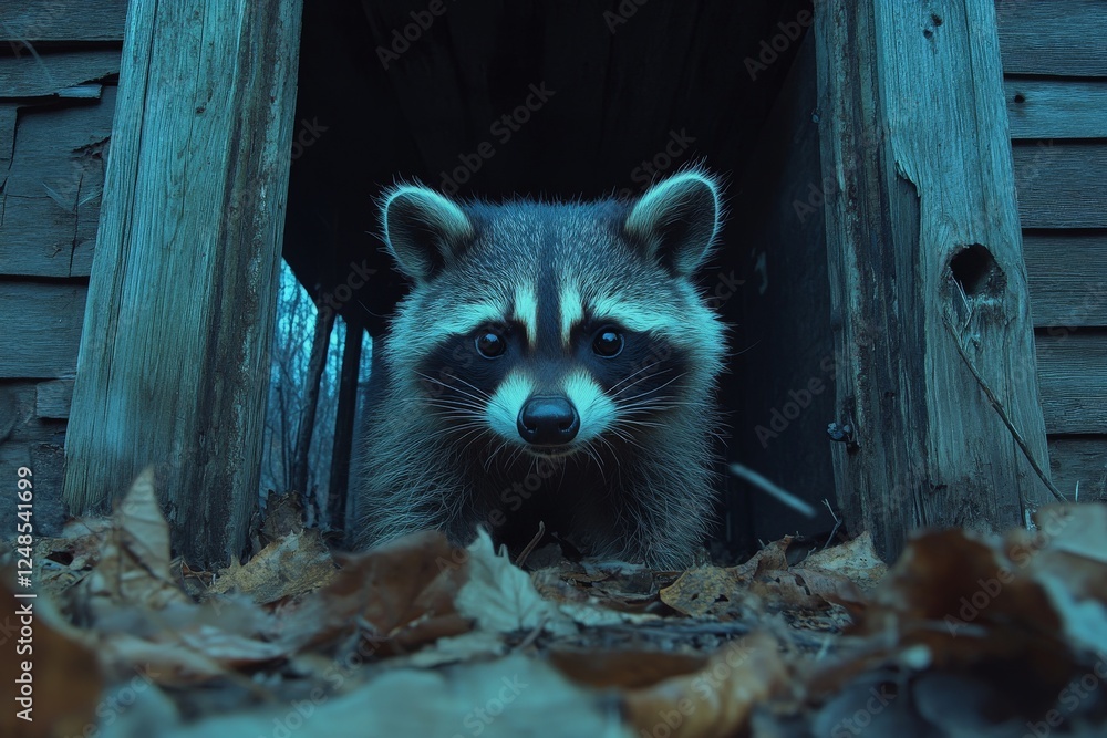 Poster raccoon exploring an abandoned building surrounded by autumn leaves during twilight