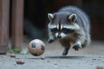 Raccoon joyfully leaps towards a small soccer ball in a natural outdoor setting during daylight hours