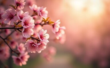 Naklejka premium Delicate pink cherry blossoms in soft sunlight, creating a serene and picturesque scene.