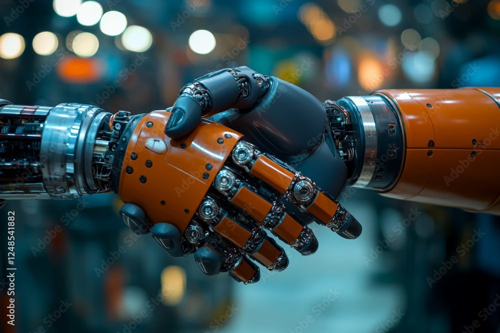 Fototapete two robotic hands shaking in a futuristic industrial setting with soft lights and a focus on technol