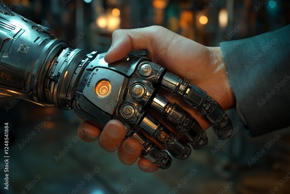 Poster handshake between human and robotic hand symbolizes collaboration in a futuristic tech environment