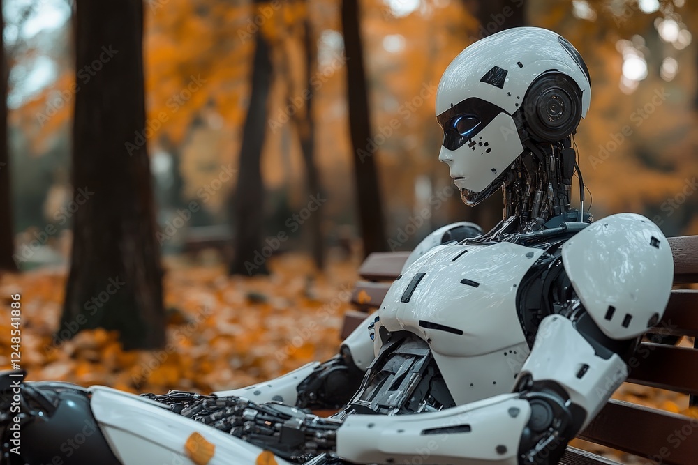 Poster robotic figure resting on a bench in a park surrounded by autumn leaves