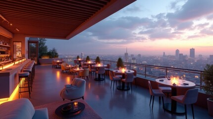 Fototapeta premium Sleek Furniture and City Views at a Rooftop Bar