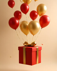 A red gift box decorated with a gold ribbon, surrounded by gold and red balloons scattered in the air, on a beige background, gives a luxurious, fun and festive feel.