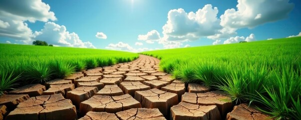 Dried cracked earth transforming to lush green field, sprout, sky, after