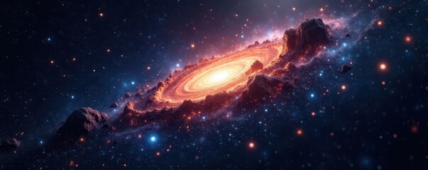 Fototapeta premium Brilliant star cluster amidst inky blackness, distant galaxies glimmer faintly , deep space, background