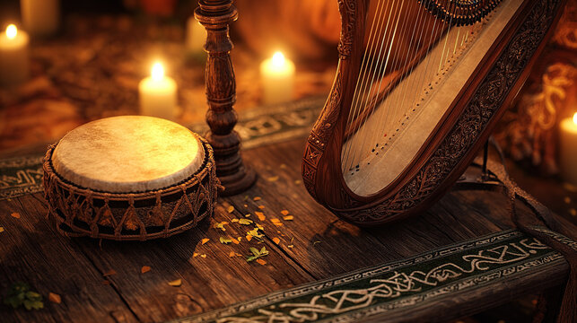 Irish Harp and Bodhran Drum in Warm Candlelight