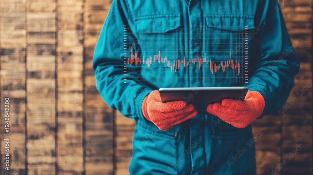 Poster worker analyzing data on a tablet, showcasing technology in modern industrial settings with a rustic