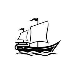 Stylized black and white image of a sailboat, sailing over the waves with its sails set and flags flying.