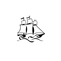 Black and white stylized sailboat illustration on a white background; sailing, waves, and a ship.