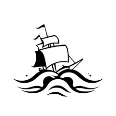 Illustration of a sailing ship, a black and white minimalist image with a sailing ship on rough waves.