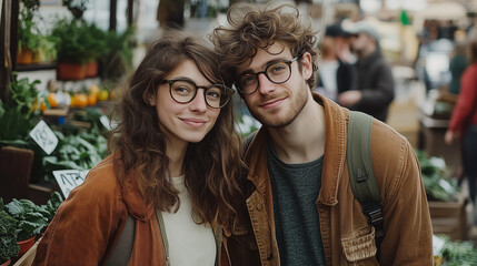 Fototapeta premium Young adult couple shopping for healthy food at an outdoor market, sharing smile of contentment and connection amid fresh produce