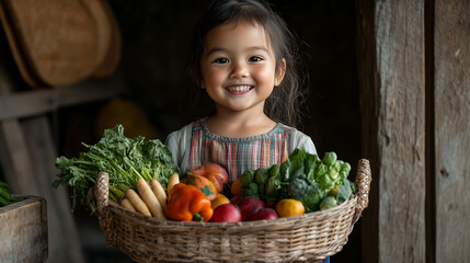 cheerful little girl, radiating happiness, proudly displays basket brimming with fresh and vibrant produce from healthy grocery shopping trip