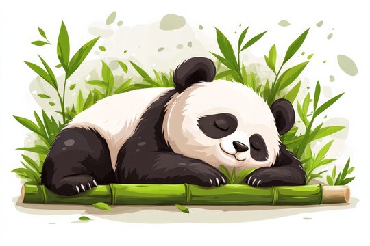 Sleeping panda resting peacefully on a bamboo branch surrounded by lush green foliage during a sunny day