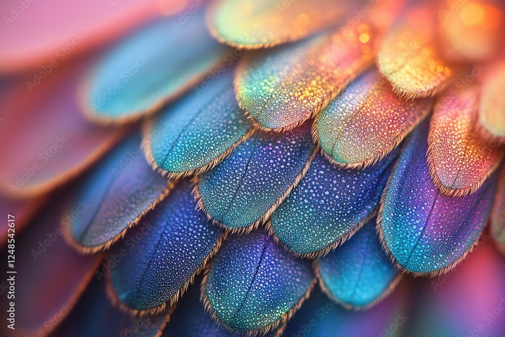 Poster vibrant iridescent feathers with dew drops, showcasing a mesmerizing close-up texture.