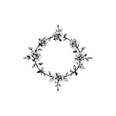 Delicate Black & White Rose Circle Wreath: A Vectorized Silhouette on White