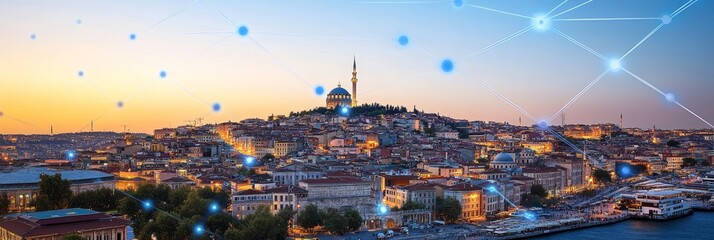 Istanbul Cityscape At Dusk, Network Of Connections Over The City, Modern Technology Concept