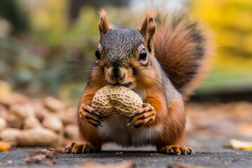 Fototapeta premium Squirrel holds peanut tightly while foraging in a vibrant autumn park at midday