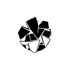 Geometric abstract black and white illustration of a sphere composed of fragments or pieces.