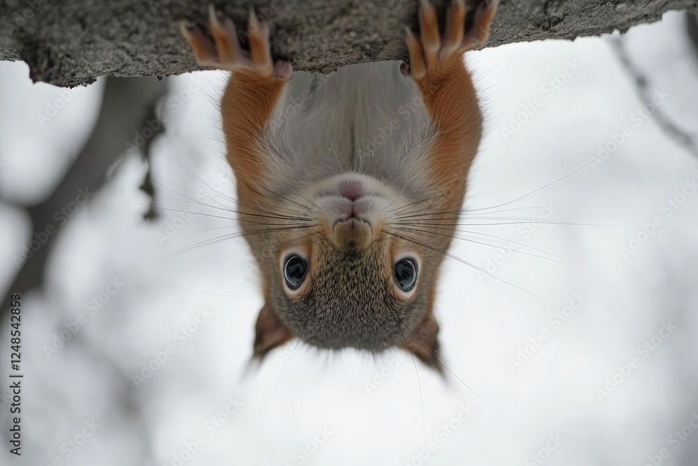 Poster squirrel hanging upside down from a tree branch in a serene forest environment during the winter sea