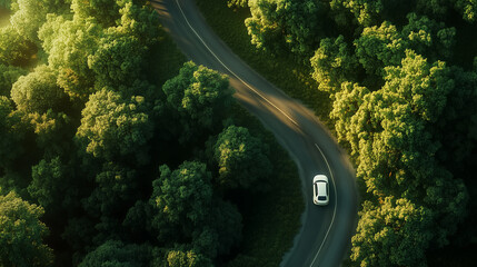 Aerial top view of a car driving through a winding forest road, Winding road through the forest. Car drive on the road between green forest. Ecosystem ecology healthy environment road trip