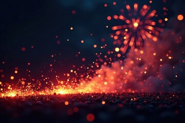 Fototapeta premium Fiery sparks flying through the air amidst a darkened night sky with fireworks exploding in the background , flames, bonfire night, explosions